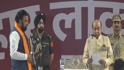 Bharatiya Janata Party (BJP) leader Samrat Chaudhary (left) takes oath as Bihar CM (Photo/ANI)