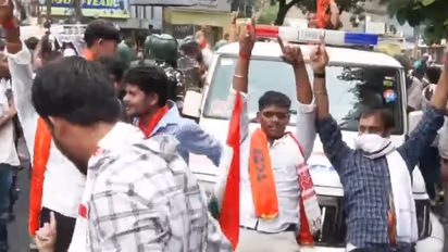 ABVP protesters raise their hands and slogans during a demonstration against alleged JPSC-JSSC exam irregularities. (Photo/ANI)