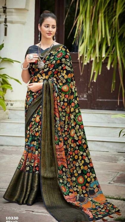लिनन प्रिंट कलमकारी प्रिंट साड़ी