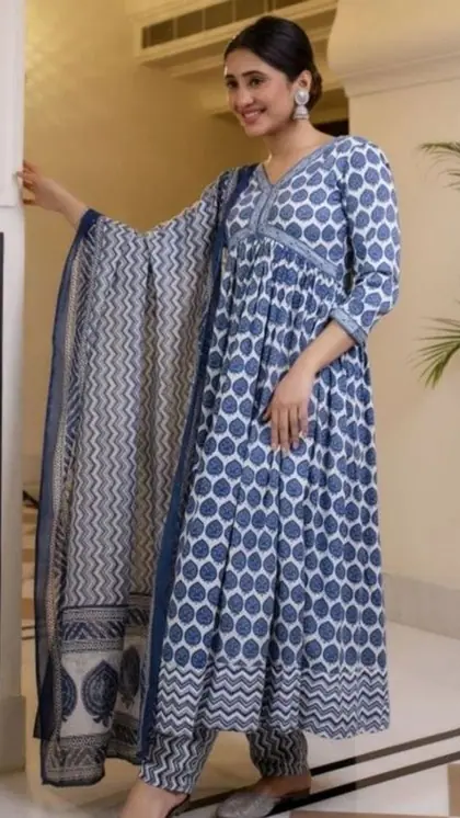 ब्लू कॉटन कुर्ता सेट (Cotton Alia Cut Suit)