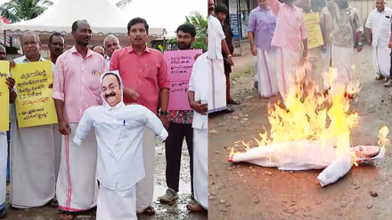 'ഒരുകാരണവശാലും കൊടുക്കില്ല'; ചമ്പക്കുളത്ത് മുഖ്യമന്ത്രി വി.ഡി. സതീശന്റെ കോലം കത്തിച്ച് പ്രതിഷേധം