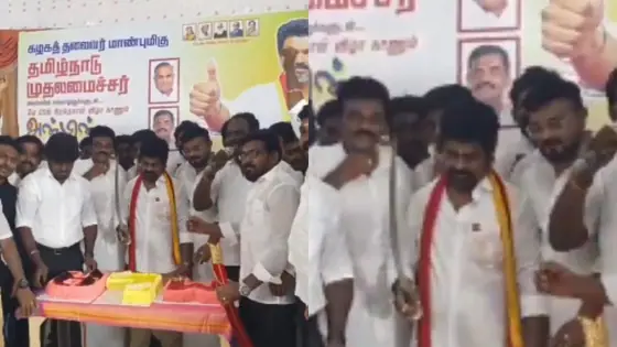 പിറന്നാൾ കേക്ക് മുറിക്കാൻ വാൾ, നിയുക്ത ടിവികെ എംഎൽഎയുടെ ദൃശ്യങ്ങൾ വൈറൽ; പൊലീസിൽ പരാതി