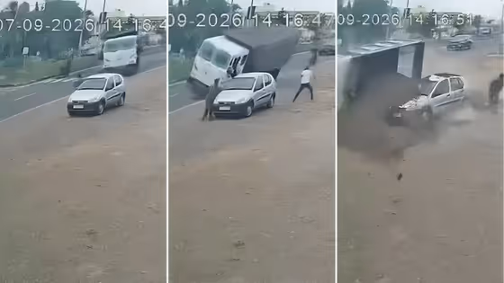 Miraculous Escape: 2 Run For Life as Speeding Sand Dumper Overturns on Gujarat Highway After Avoiding Biker (WATCH)