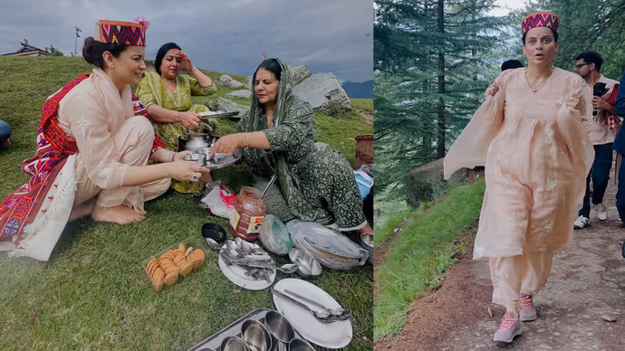 कंगना रनोट पैदल पहुंची बिजली महादेव मंदिर, ट्रेकिंग के बाद चखी हिमाचली डिश 'सिड्डू' : 7 PHOTO