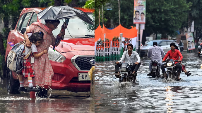 दिल्ली NCR-गाजियाबाद में बारिश की 10 तस्वीरें: बच्ची को पानी से बचाती दिखी मां तो कहीं जान जोखिम में डाल निकले लोग