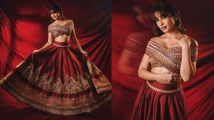राशा थडानी का बरगंडी लहंगा लुक हुआ वायरल, 5 PHOTOS में दिखा गजब का फैशन