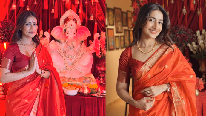 गणपति बप्पा के रंग में रंगीं धनश्री वर्मा, साड़ी में दिखा खूबसूरत अंदाज-8 PHOTOS