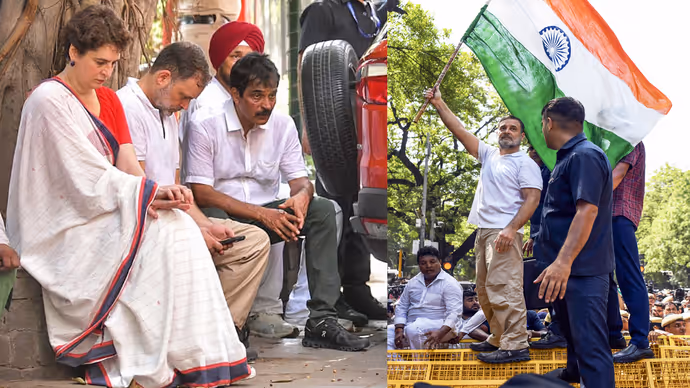 INDIA Bloc Protest की 15 तस्वीरें: राहुल गांधी ने बैरिकेड पर चढ़कर लहराया तिरंगा, प्रियंका संग पेड़ के नीचे बैठे
