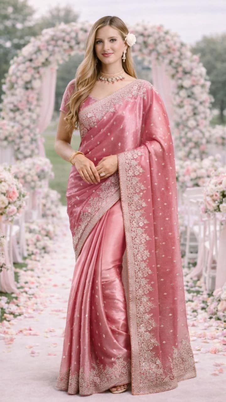 வசீகரமான தோற்றத்திற்கு 10 டிரெண்டிங் பிங்க் நிற சேலை டிசைன்கள்!
