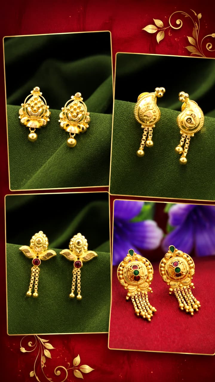 Close-up of lightweight gold bell earrings in various fancy designs