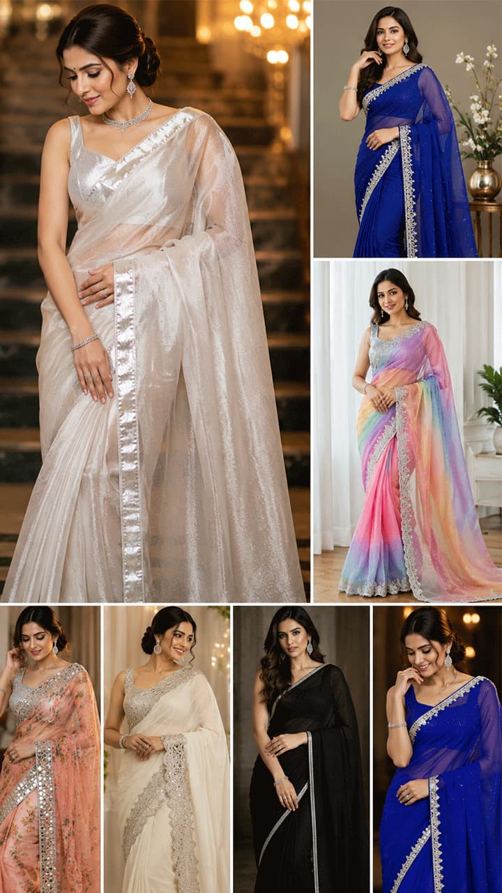 వెన్నెలలా వెండి అంచుతో మెరిసే చీరల డిజైన్లు వెన్నెలలా వెండి అంచుతో మెరిసే చీరల డిజైన్లు