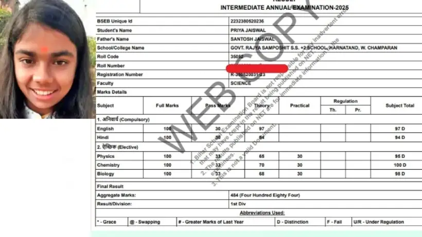 Bihar Board 12th result 2025 state topper priya jaiswal marksheet 