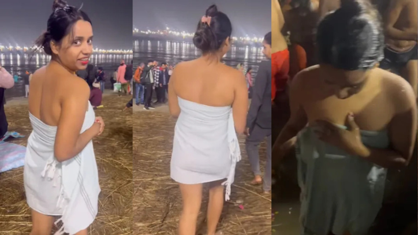 mahakumbh 2025 sangam girl in towel viral video reel controversy social media outrage