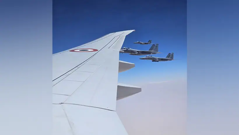 F15s of the Royal Saudi Air Force in the Saudi Arabia’s airspace in Jeddah escort PM Modi's aircraft (Image/ANI)