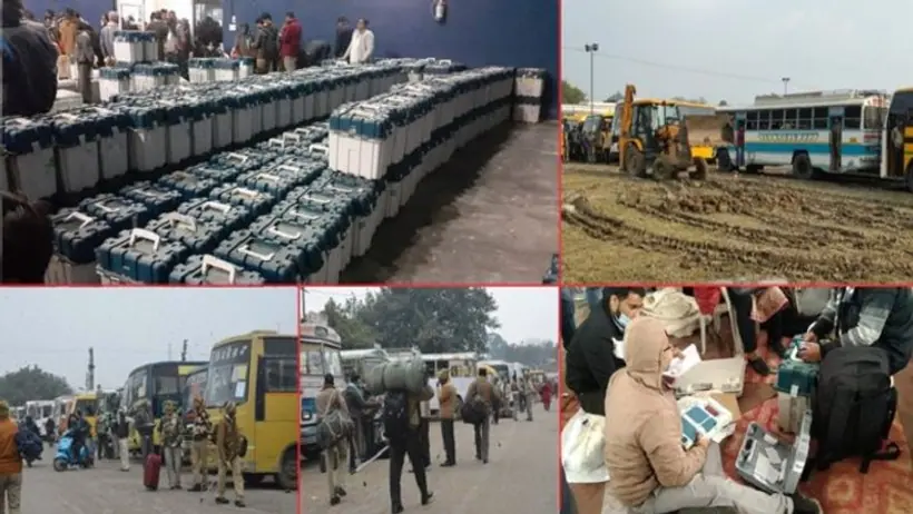 यूपी चुनाव के लिए रवाना हुईं पोलिंग पार्टियां, खराब मौसम की वजह से क्रेन  ट्रैक्टर की सहायता से निकली बसें