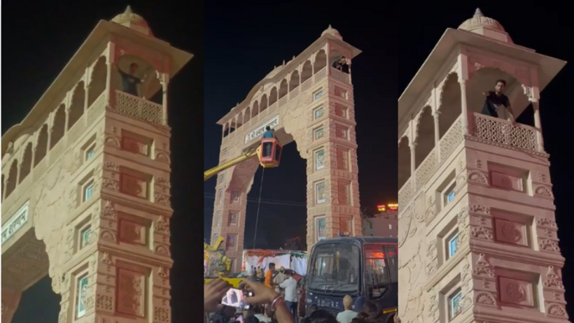 khatushyam mandir dramatic incident devotee climbs 60ft gate drunk arrested